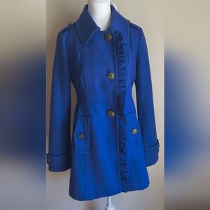 Anthropology Tulle Trench Coat Royal Blue Wool Blend S Gold Buttons Ruffle Front